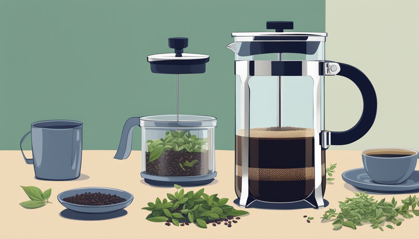 A French press sits on a countertop, filled with loose tea leaves or herbs instead of coffee. A hand reaches for the press, ready to plunge and steep the contents