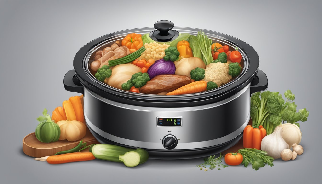 A slow cooker filled with a variety of ingredients such as vegetables, meats, and grains, simmering gently with steam rising from the pot