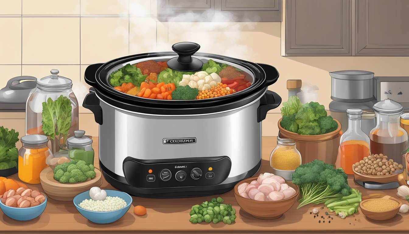 A variety of ingredients being added to a slow cooker, including vegetables, meats, and spices, as steam rises from the pot