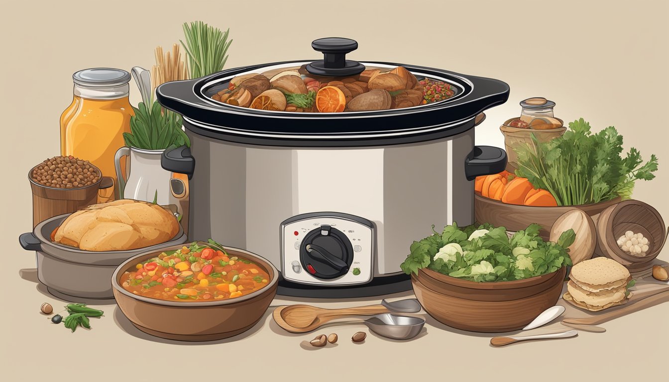 A slow cooker filled with a variety of dishes, such as soups, roasts, and desserts, surrounded by fresh ingredients and spices