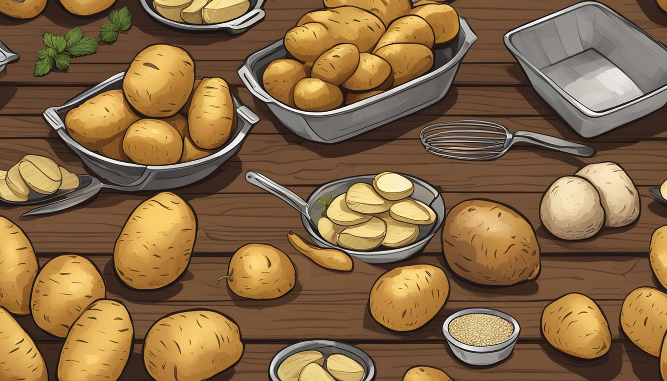 A variety of potatoes arranged on a wooden table, including russet, red, and Yukon gold, with different cooking utensils scattered around