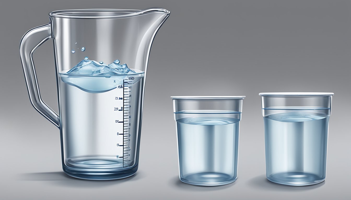 A clear measuring cup filled with 2 cups of water next to a pint-sized container