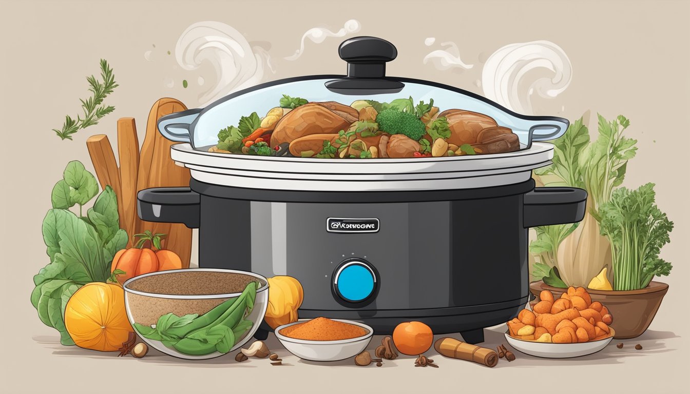 A slow cooker surrounded by various ingredients and spices, with steam rising from the pot as a hearty meal cooks inside