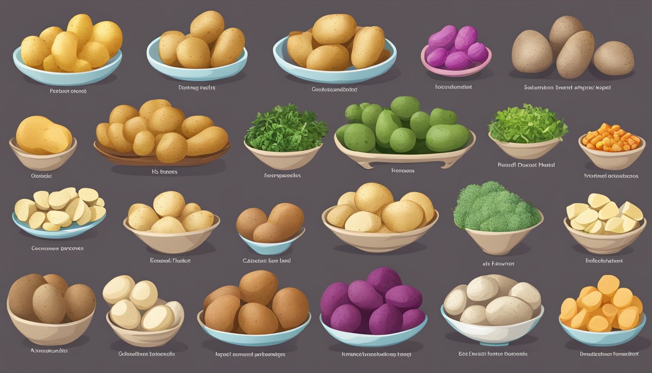 A colorful array of different types of potatoes, each labeled with their specific health benefits and recommended uses for various dishes