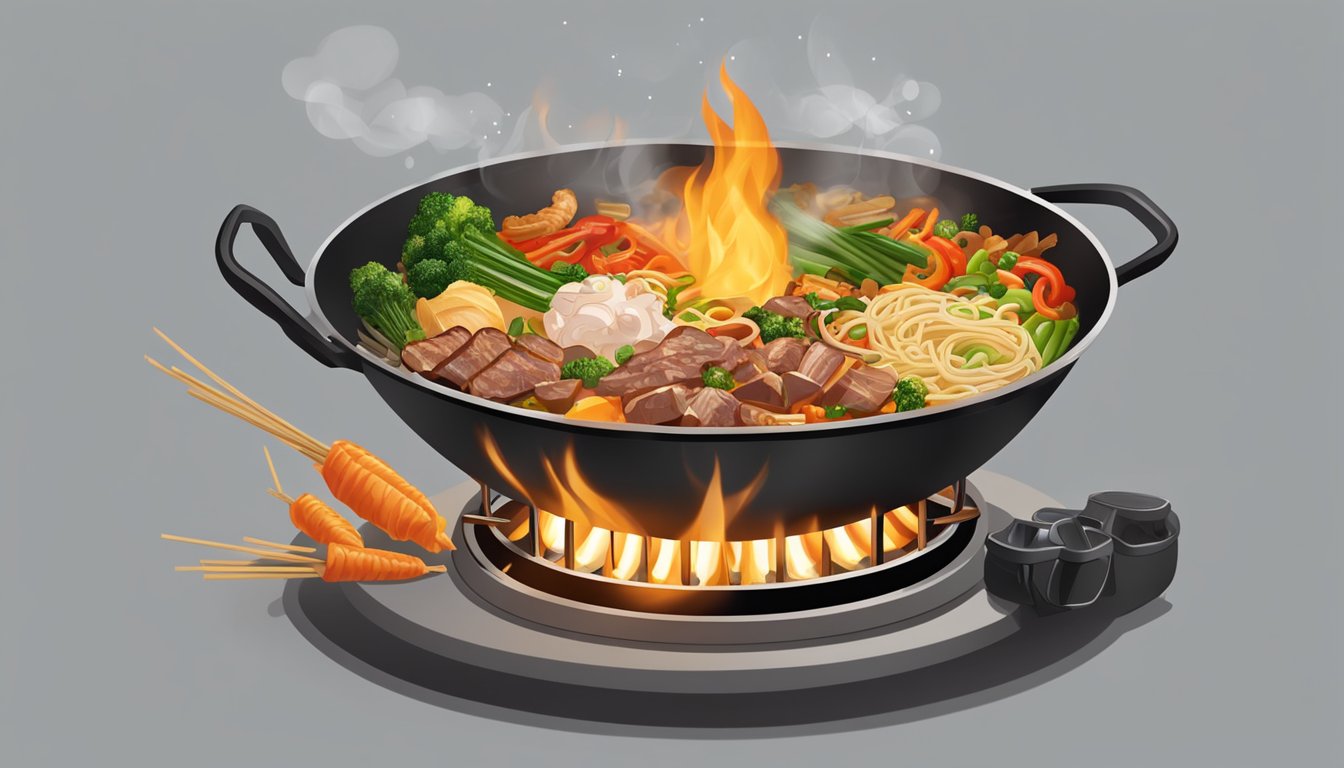 A wok sizzling with various ingredients, including meats, vegetables, and noodles, being tossed and cooked over a high flame on a gas stove