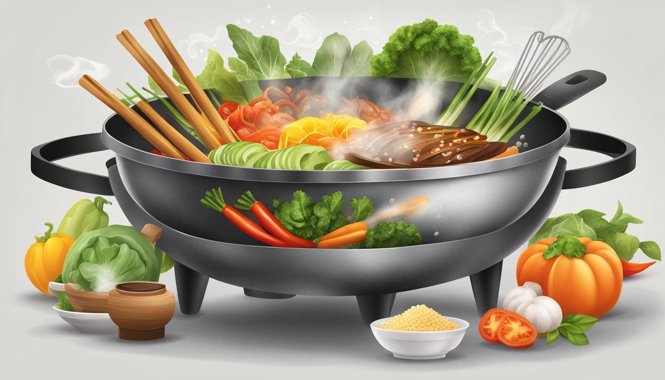 A wok sizzling with various ingredients, steaming and tossing, emitting aromatic steam, surrounded by cooking utensils and fresh produce