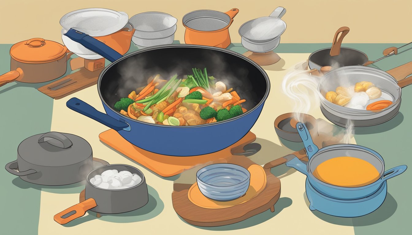 A wok sits on a gas stove, surrounded by various cooking tools. Steam rises from the sizzling contents as the cook expertly tosses and stirs the ingredients with a spatula