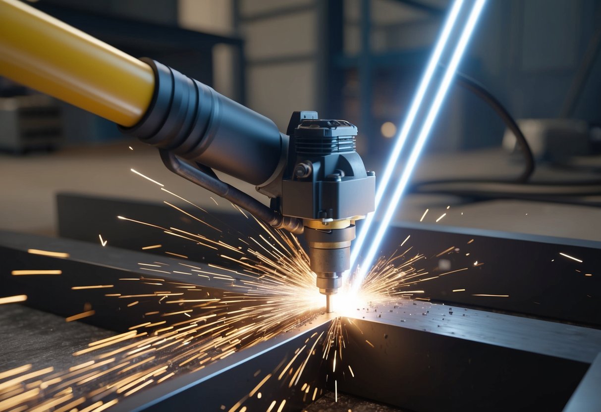 Bir plazma kesici, metali parlak, yoğun bir yay ile keserek kıvılcımlar ve erimiş metal damlacıkları oluşturur