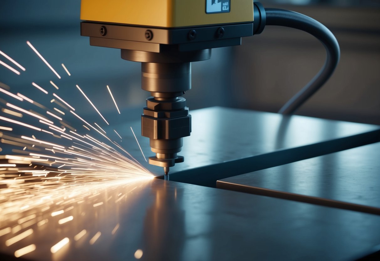 Pürüzsüz, hassas kenarlarla metali dilimleyen bir plazma kesme makinesi. Makine metal yüzey boyunca hareket ettikçe kıvılcımlar uçarak temiz ve doğru bir kesim oluşturur