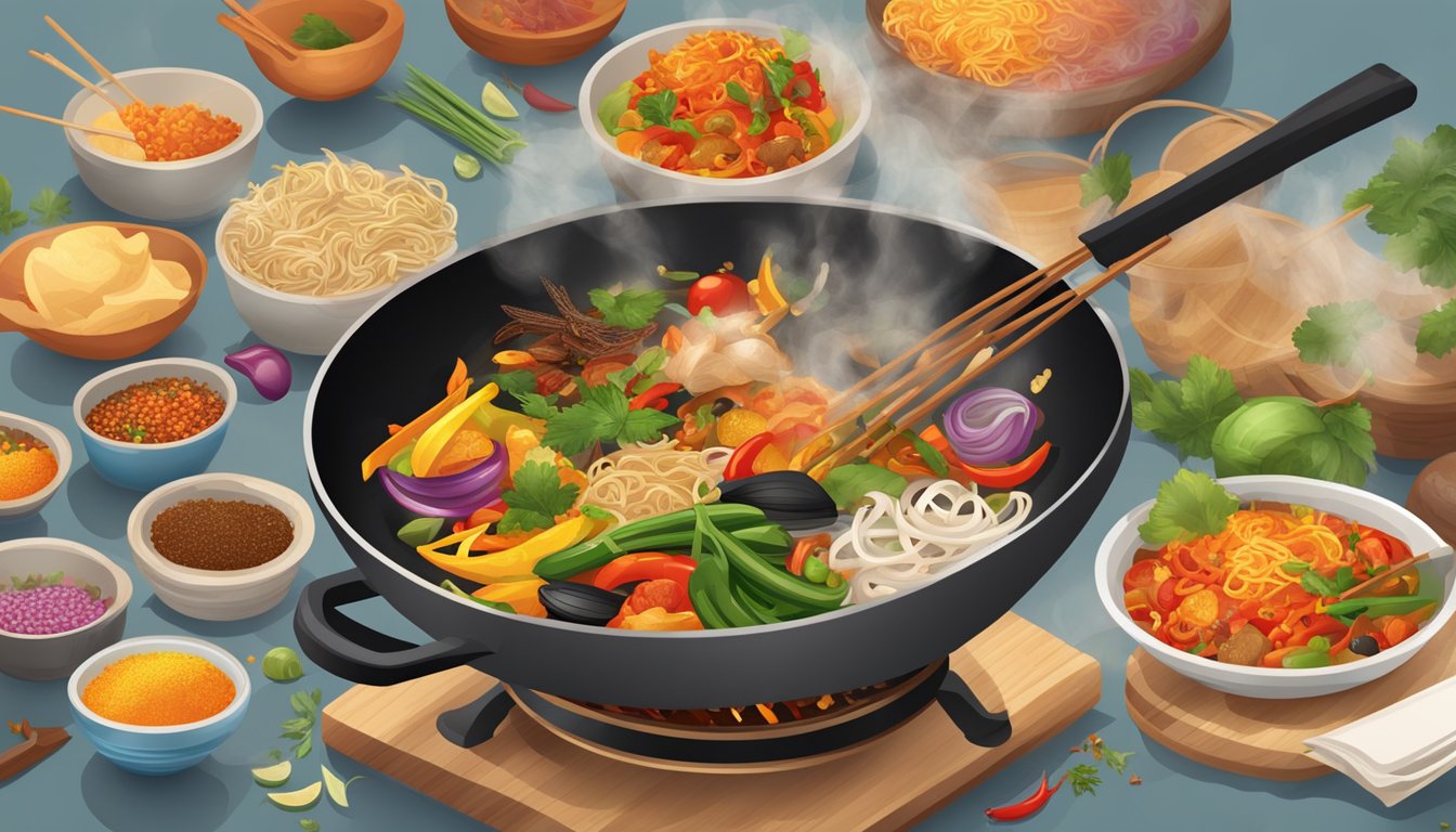 A wok sizzling over a hot flame, filled with colorful ingredients being tossed and cooked, surrounded by various cooking utensils and spices from different cuisines