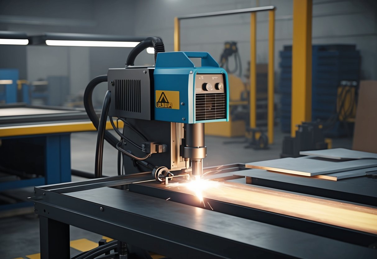 İyi aydınlatılmış bir atölyede, yakınında metal levhalar ve koruyucu donanım bulunan bir plazma kesme makinesi
