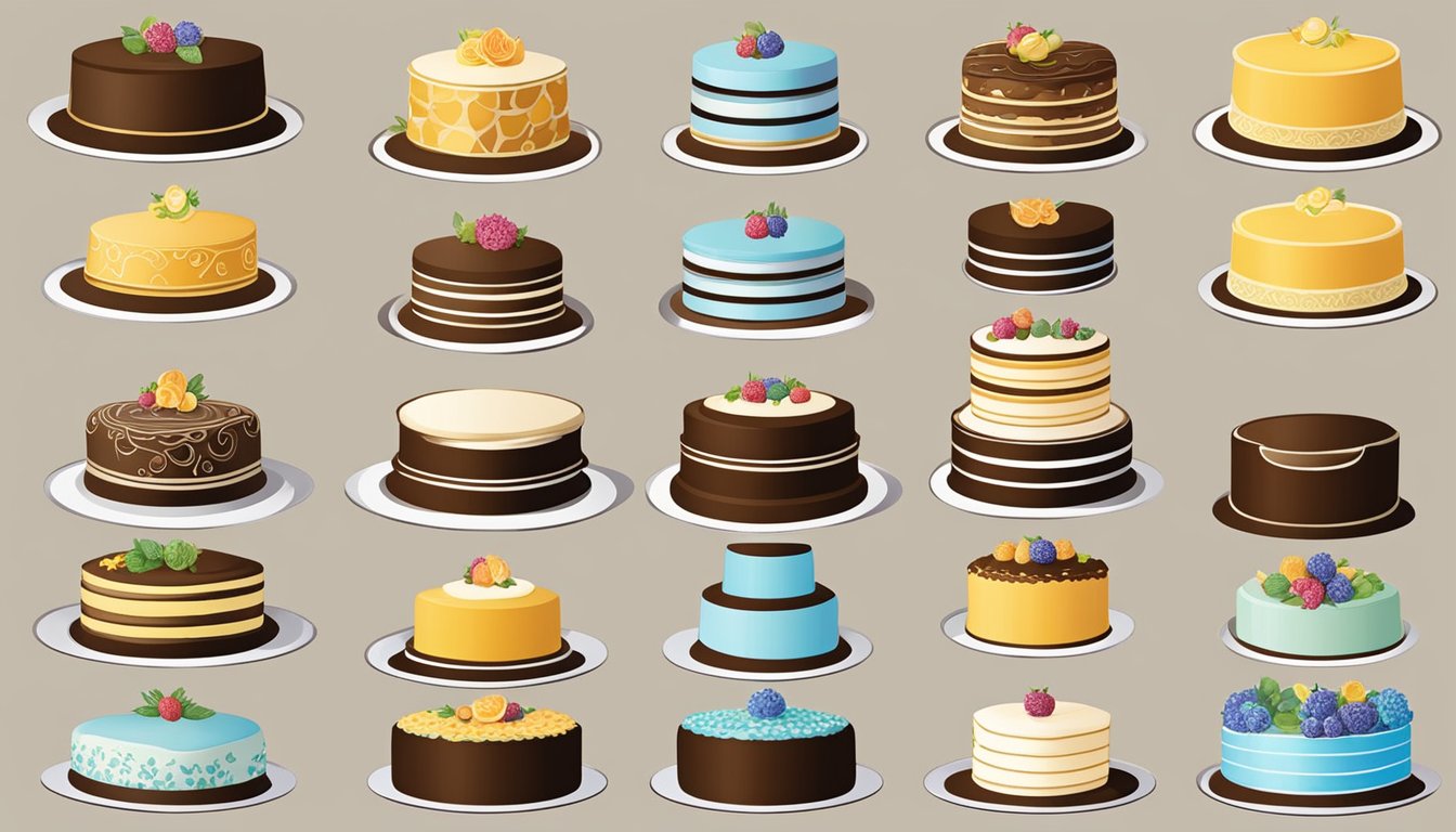 A variety of decorative and specialty cakes displayed with corresponding baking pans for each type