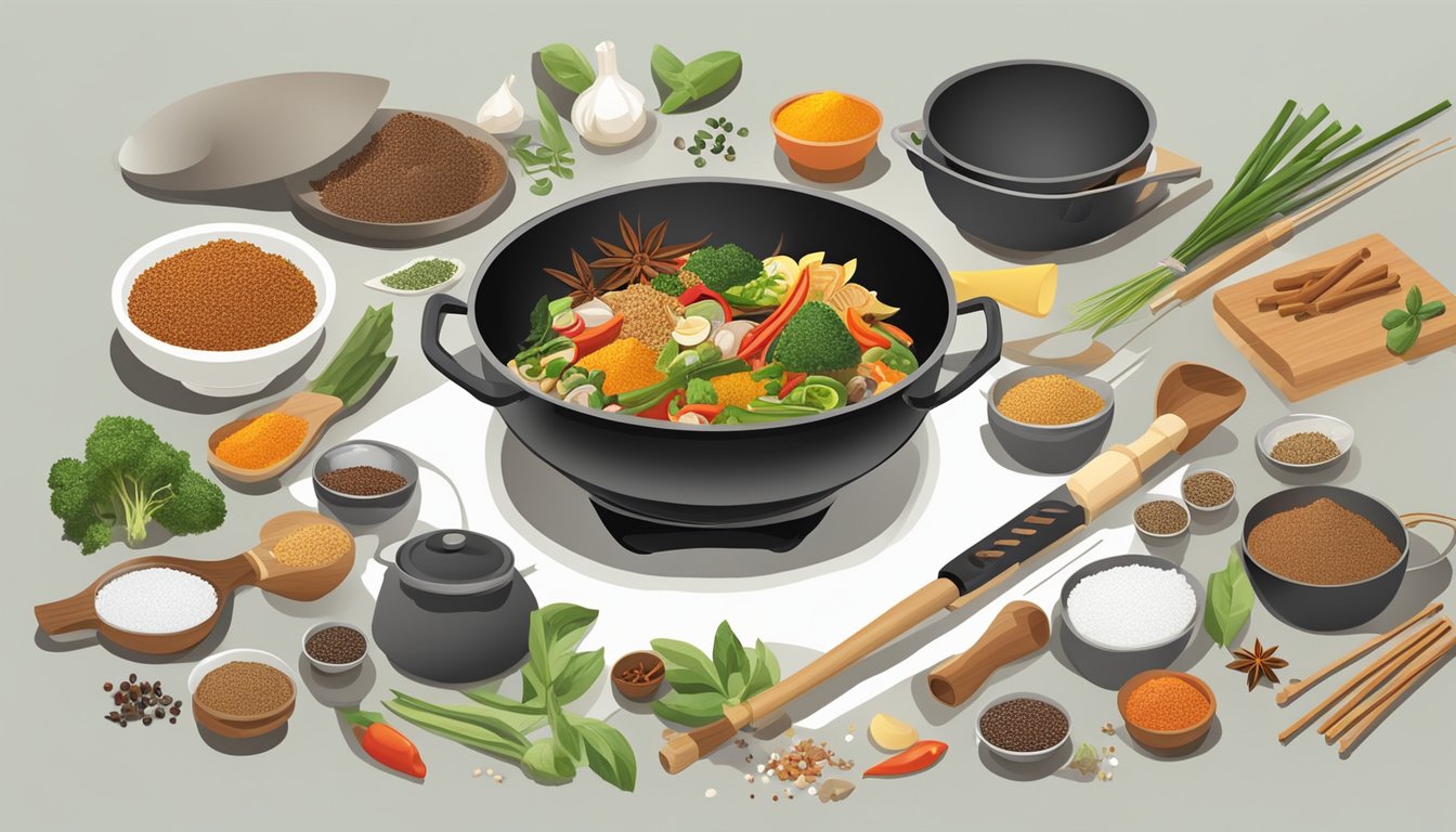 A wok surrounded by various cooking utensils, spices, and ingredients, showcasing its versatility for cooking beyond stir fry