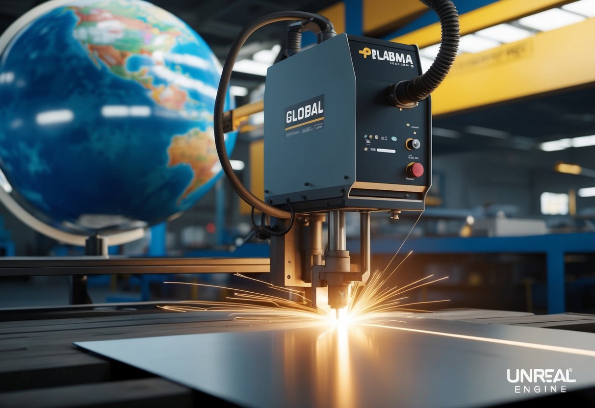 Küresel bir atölyede metal levha üzerinde hassas ve temiz kesim sağlayan bir plazma kesme makinesi