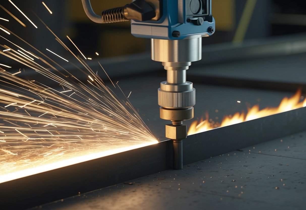 Plazma kesici metali keserken kıvılcımlar uçuşuyor ve geride temiz ve hassas bir kenar kalıyor