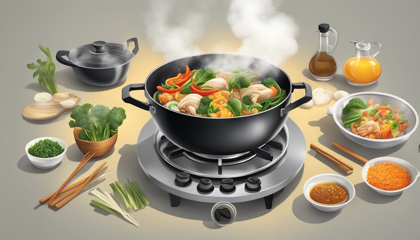 A wok on a gas stove, sizzling with various ingredients being tossed and cooked, steam rising, surrounded by different cooking utensils and ingredients