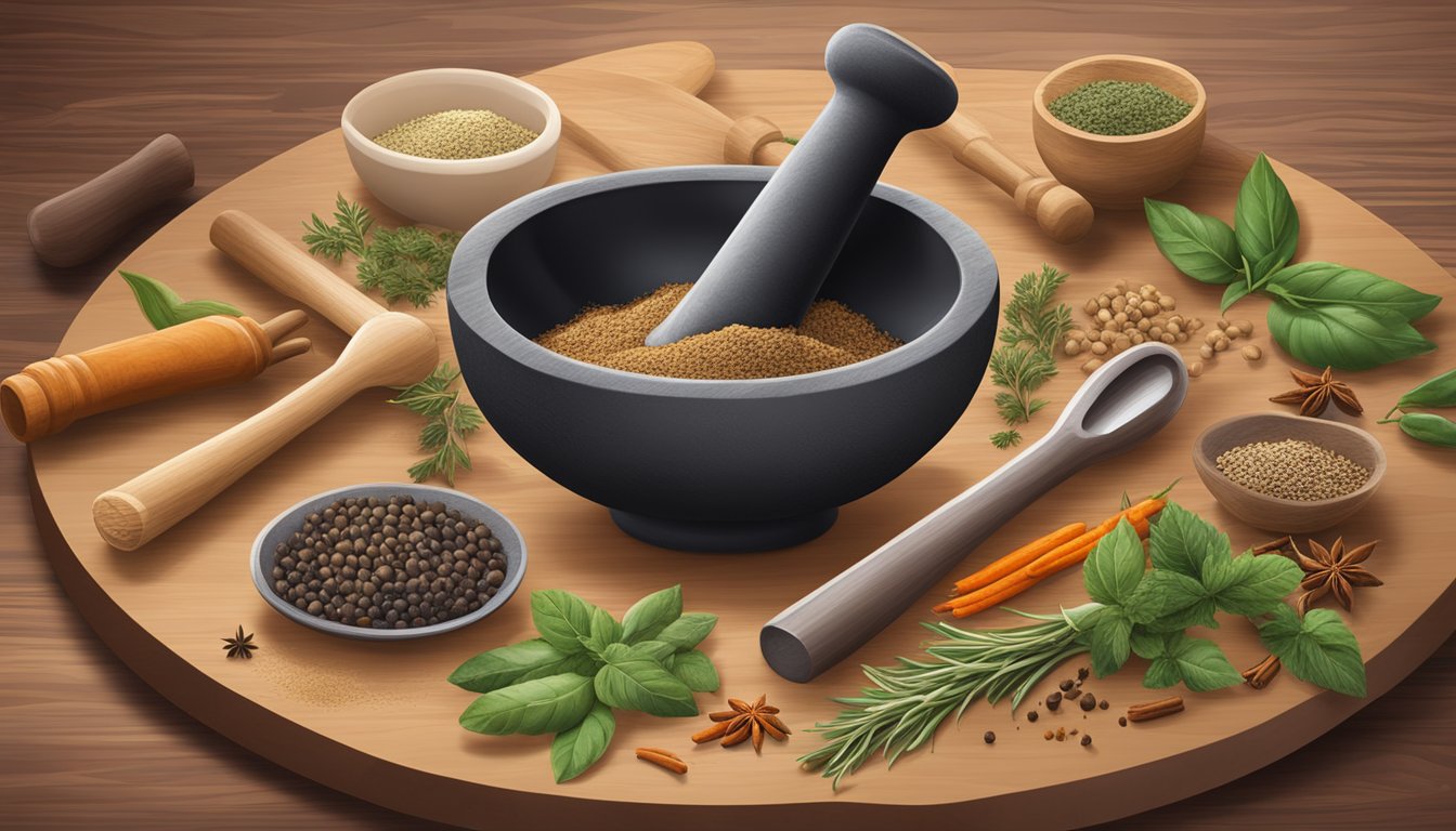 A hand holding a mortar and pestle, surrounded by various whole spices and herbs on a wooden cutting board