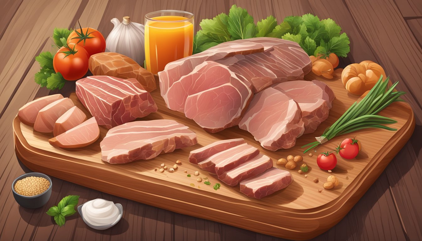 A wooden carving board with grooves to catch juices, surrounded by various cuts of meat and poultry