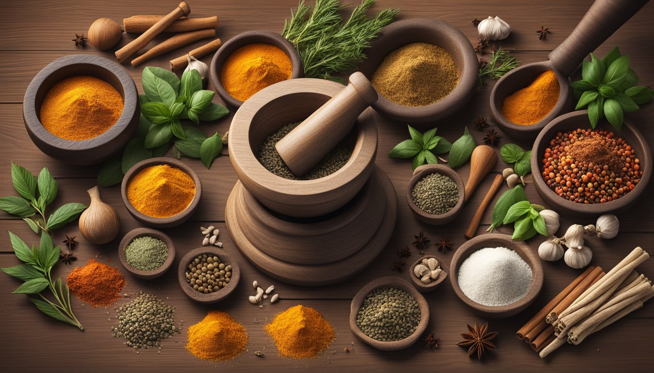 A mortar and pestle on a wooden table, surrounded by various whole spices and herbs ready to be ground into authentic spice blends