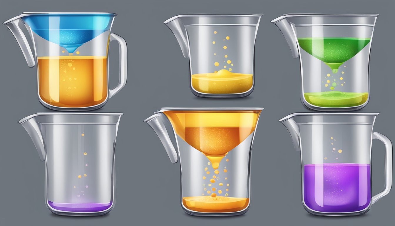 A quart-sized measuring cup pouring four cups of liquid into a mixing bowl