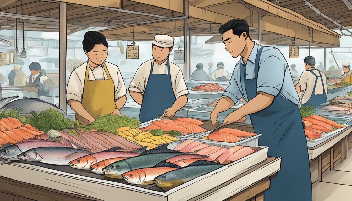 A fish market stall with a variety of fresh, glistening fish on ice, including tuna, salmon, and yellowtail. A knowledgeable fishmonger assists a customer in selecting the perfect fish for homemade sushi and sashimi