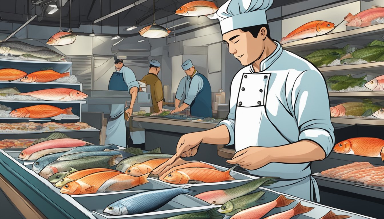 A fish market display with various fresh fish on ice, a chef inspecting and selecting the best fish for sushi and sashimi