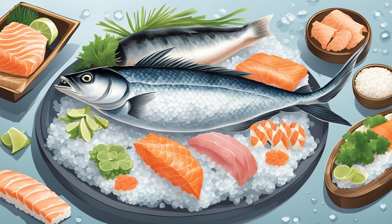 A selection of fresh whole fish on ice, accompanied by traditional sushi and sashimi ingredients such as rice, seaweed, soy sauce, and wasabi