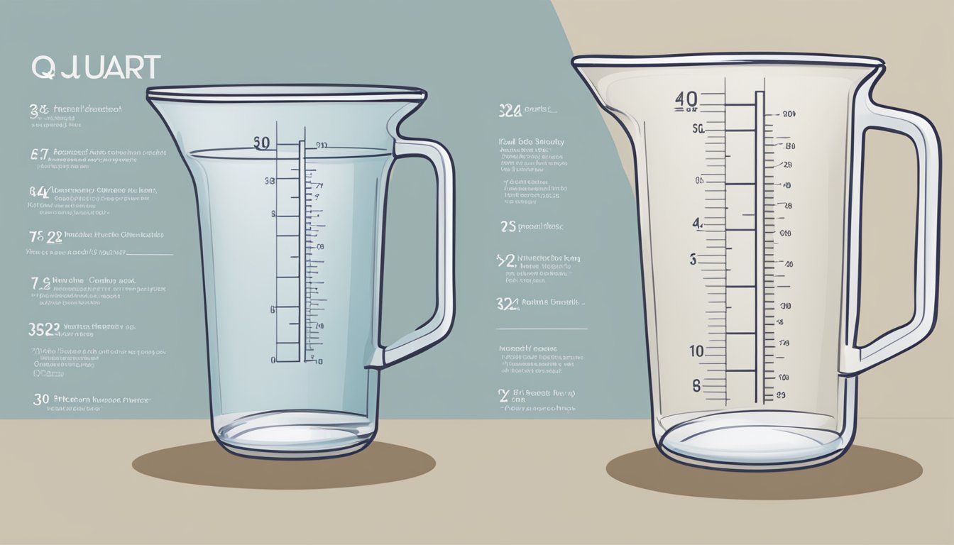 A measuring cup filled with 32 ounces of liquid, labeled as a quart