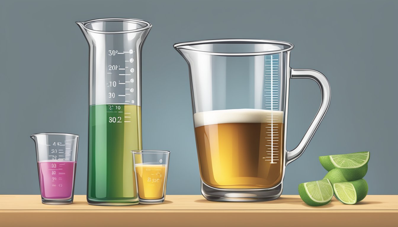 A pint pouring into a measuring cup, with milliliters marked on the side