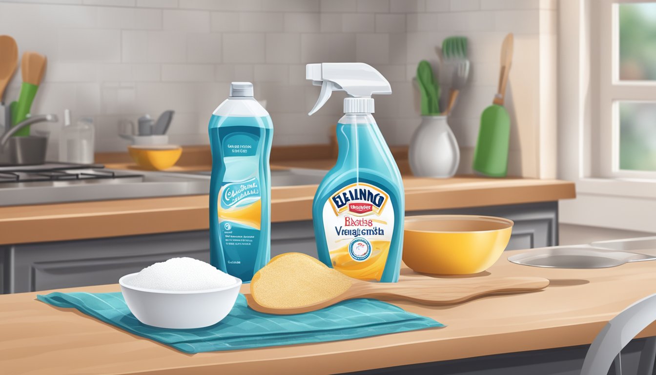 A kitchen counter with a bowl of baking soda and a bottle of vinegar, surrounded by cleaning cloths and a spray bottle