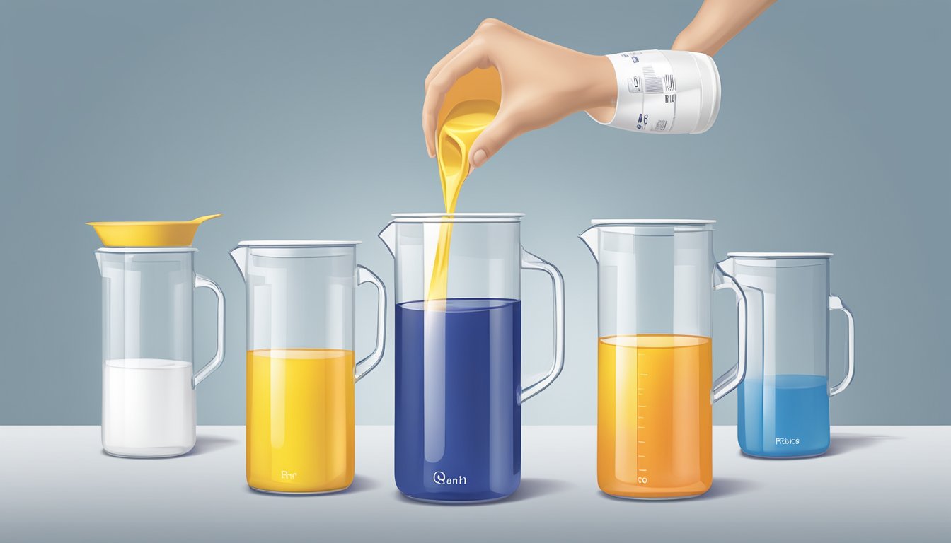 A measuring cup pouring four quarts of liquid into a gallon container