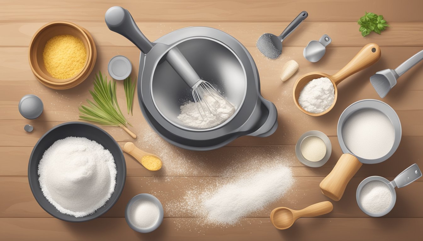 A pastry blender mixing ingredients in a bowl with flour scattered around, a rolling pin, and various kitchen utensils nearby