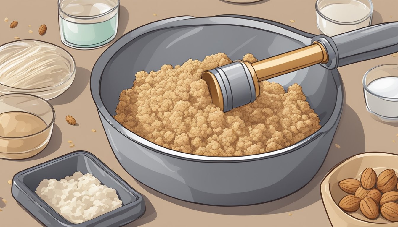 A pastry blender being used to chop nuts, mix ingredients, and create a crumb topping for a dessert