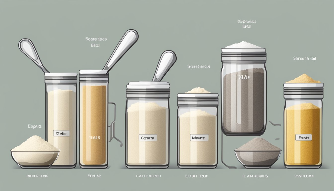 A variety of flour types in labeled containers, with measuring cups and spoons laid out on a clean, flat surface