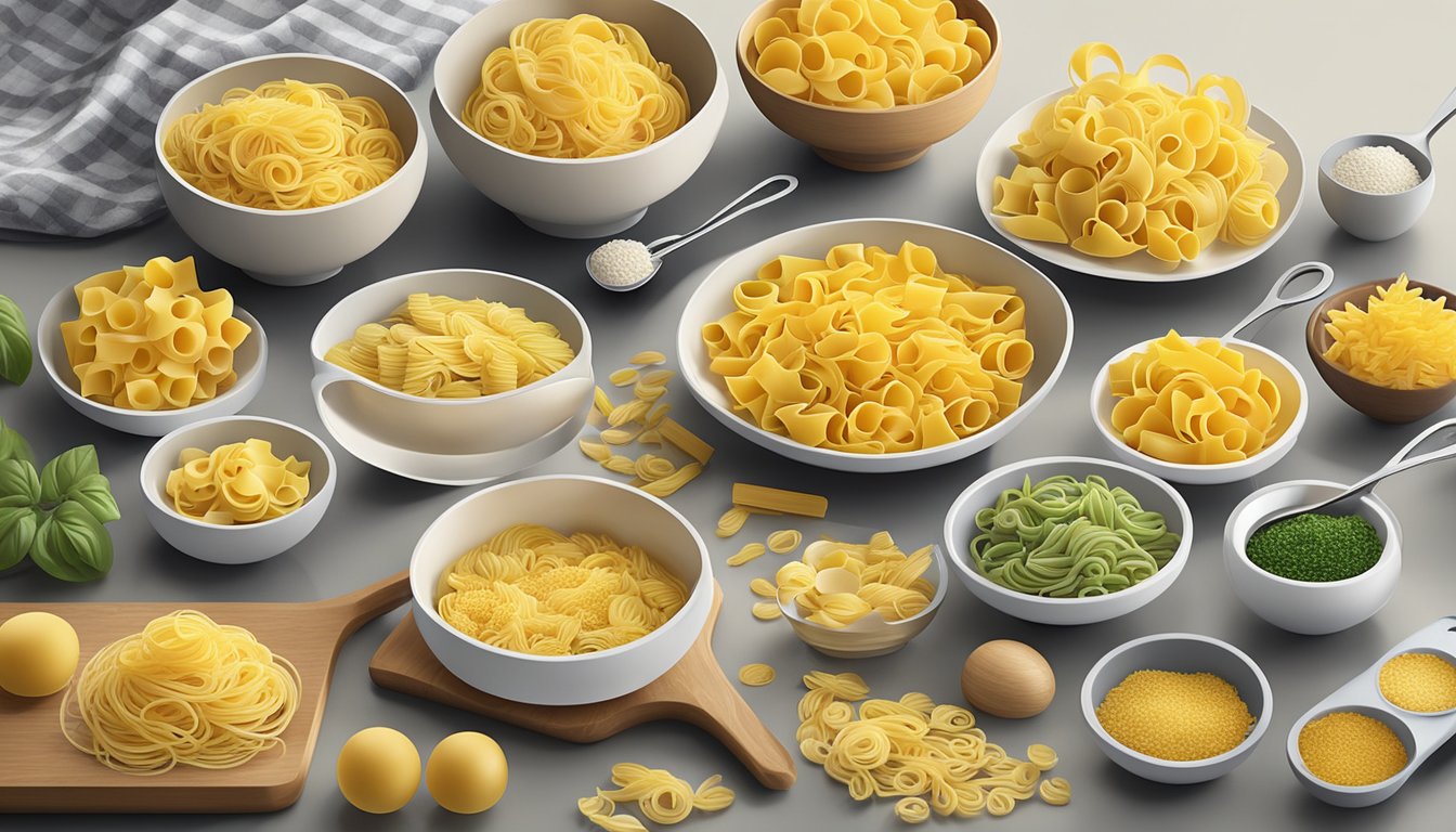 A variety of pasta shapes arranged on a kitchen counter, with measuring cups and spoons nearby