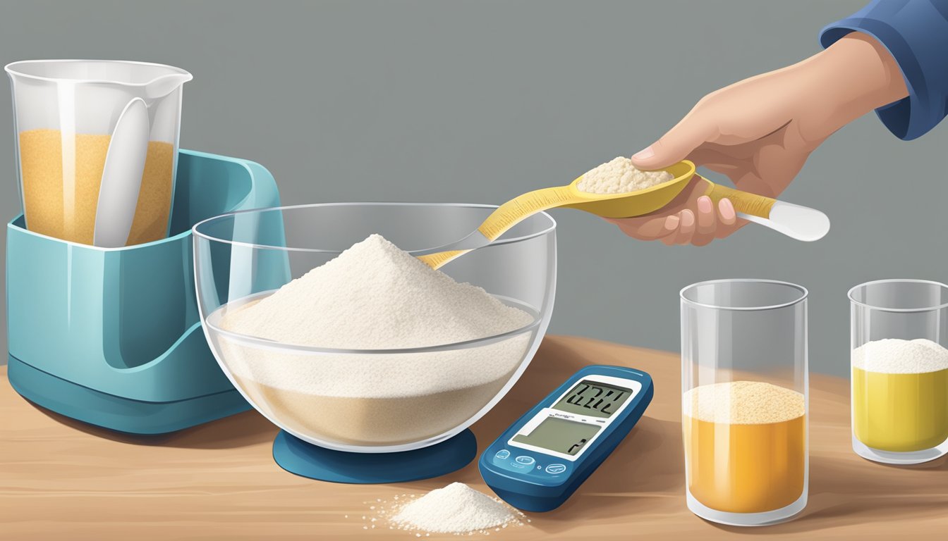 A hand using a measuring cup to pour flour from a bag into a glass bowl, next to a spoon and a digital scale