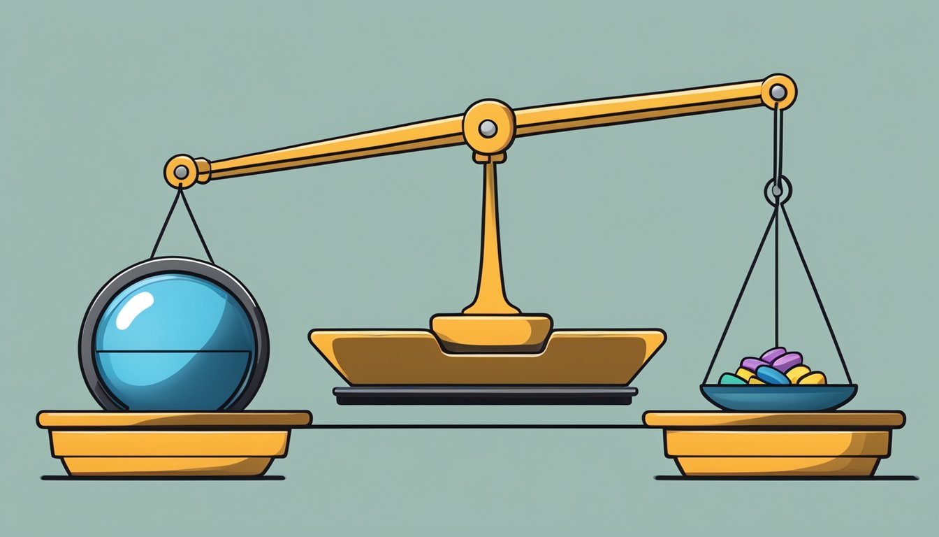 A scale with a pound weight on one side and multiple gram weights on the other side