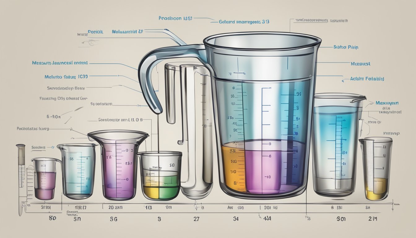 A measuring cup with markings for both imperial and US measurements, filled with liquid up to the pint mark, surrounded by various measuring tools