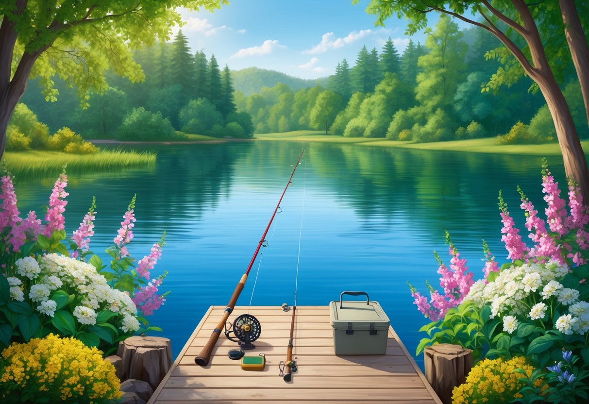 A serene lake surrounded by blooming flowers and lush greenery, with a fishing rod and tackle box laid out on the dock