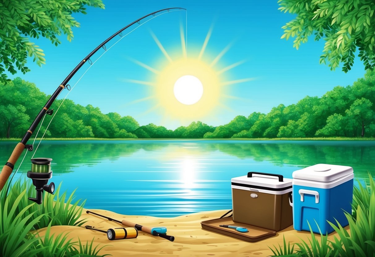 A serene lake surrounded by lush greenery, with a fishing rod, tackle box, and cooler sitting on the shore. The sun shines brightly in the clear blue sky, casting a warm glow over the scene