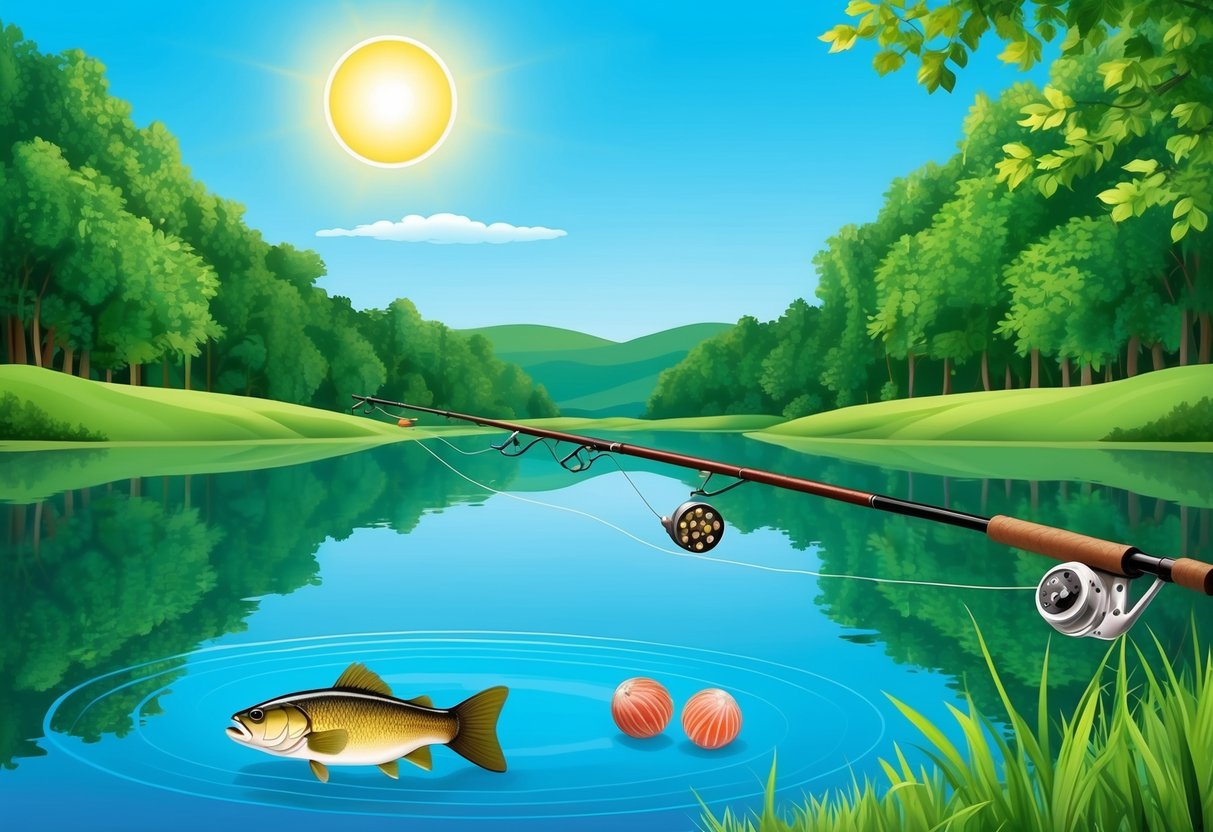 A serene lake surrounded by lush greenery, with a fishing rod and bait floating on the water's surface. The sun is shining brightly in the clear blue sky