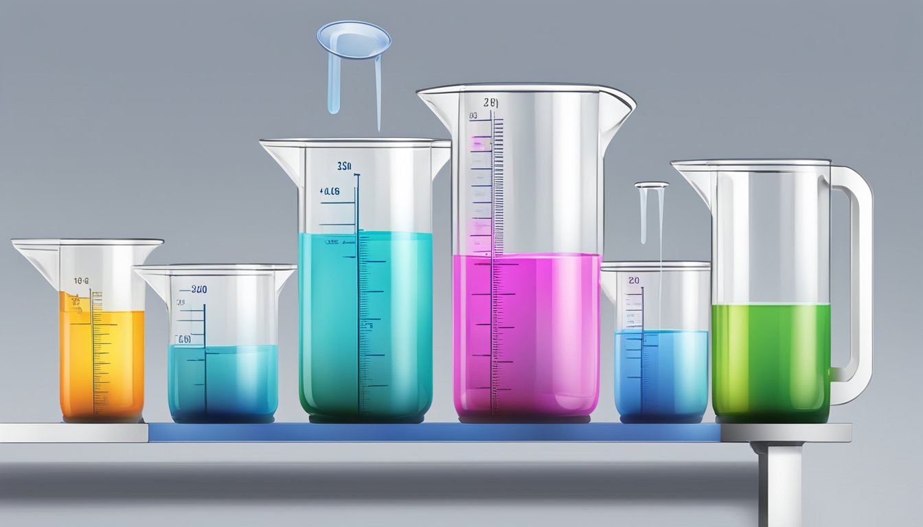 A measuring cup pouring liquid into a graduated cylinder, showing the conversion from cups to milliliters