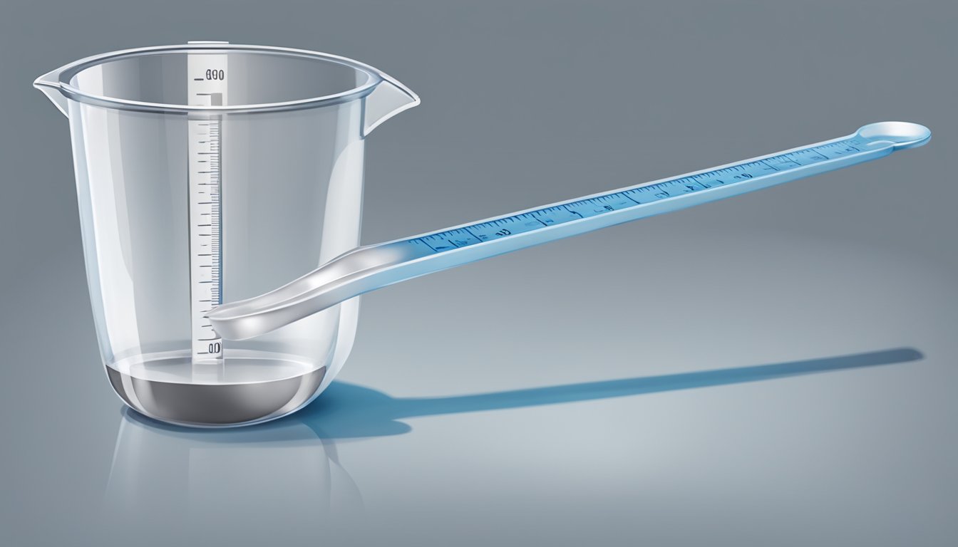 A clear measuring cup filled with liquid up to the correct measurement line, with a spoon nearby for leveling off any excess