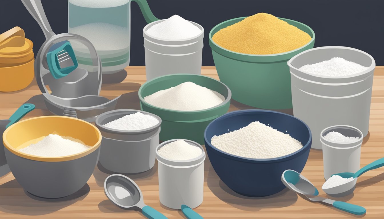 A hand reaching for measuring cups and spoons on a clean, organized kitchen counter, with containers of flour and sugar nearby