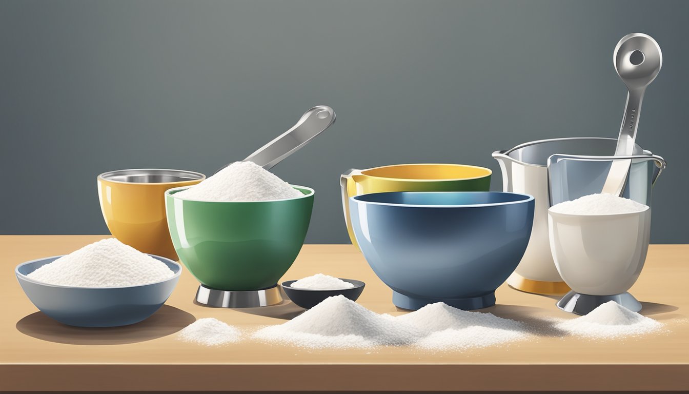 A set of measuring cups and spoons arranged next to bowls of flour and sugar on a clean, well-lit kitchen counter