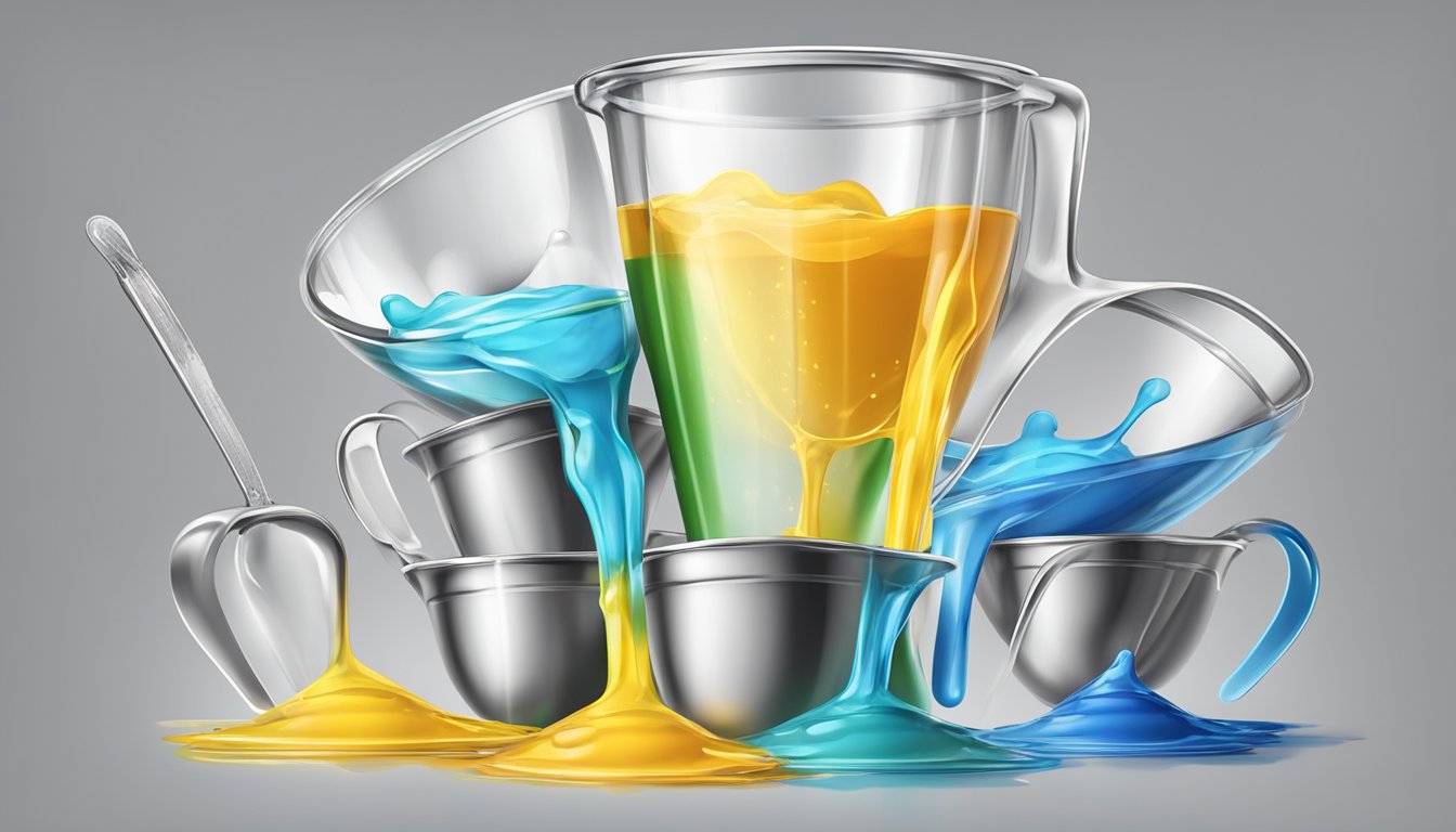 A measuring cup with a third cup of liquid pouring into a pile of teaspoons