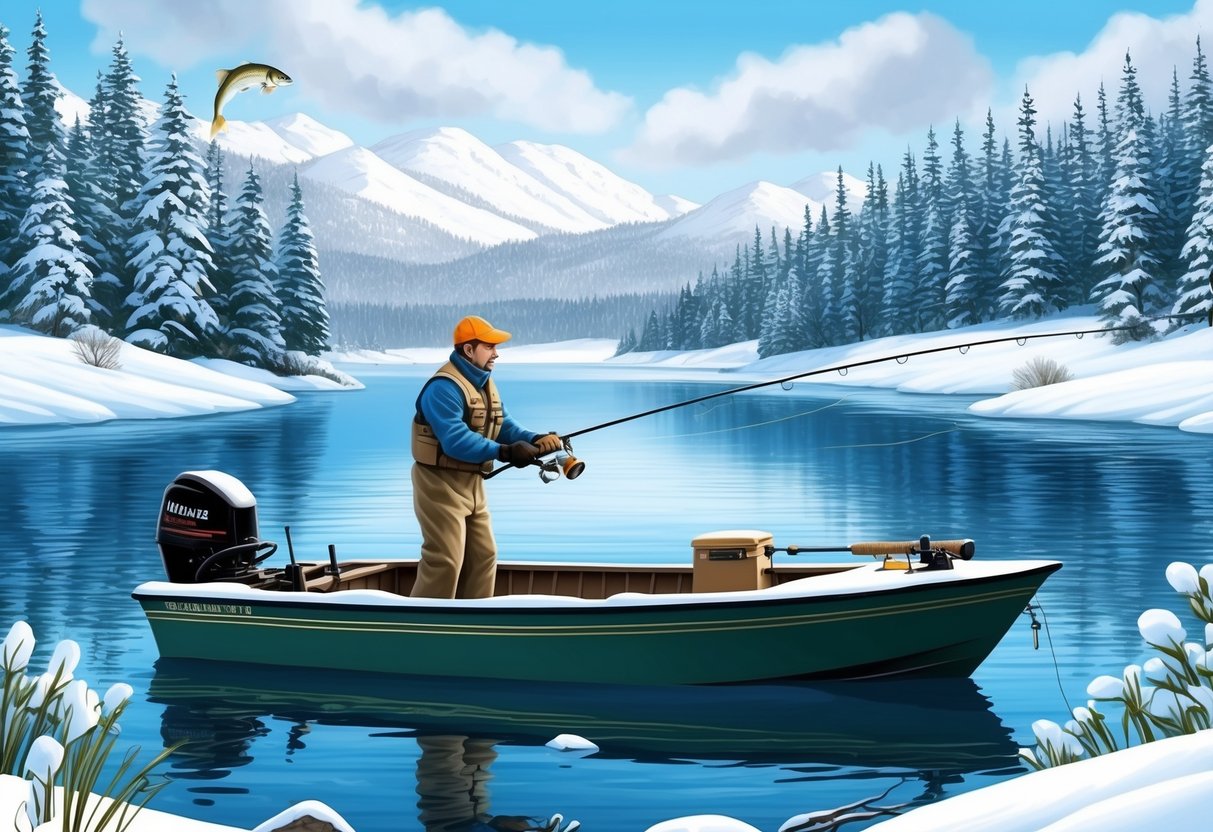 A serene winter lake surrounded by snow-covered trees, with a fishing boat equipped with gear and a fisherman preparing for a productive day