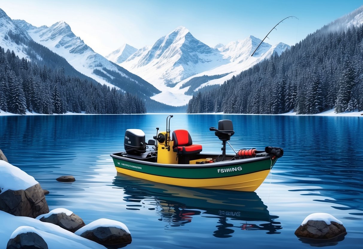 A serene lake surrounded by snowy mountains, with a small fishing boat equipped with safety gear and winter fishing equipment