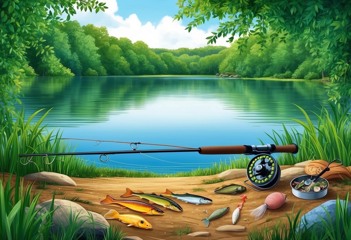 A serene lake surrounded by lush greenery, with a fishing rod and various types of bait laid out on the shore
