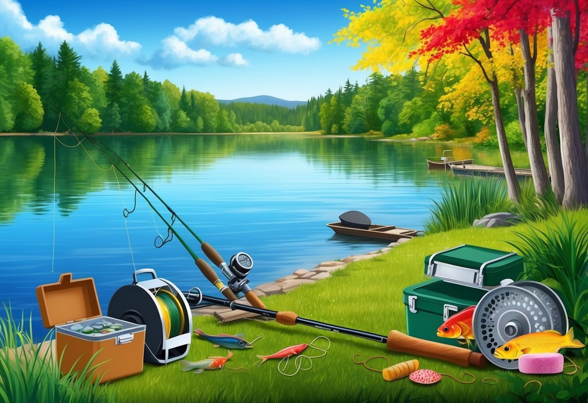 A serene lakeside with a variety of fishing gear and bait, surrounded by lush greenery and vibrant seasonal colors